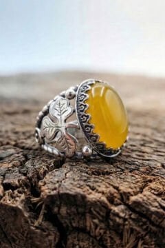 Sarı Akik Taşlı Yonca Model El İşçiliği Erkek Gümüş Yüzük