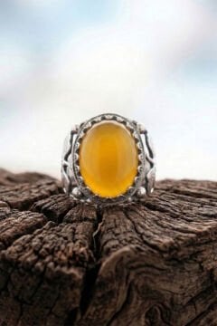 Sarı Akik Taşlı Yonca Model El İşçiliği Erkek Gümüş Yüzük