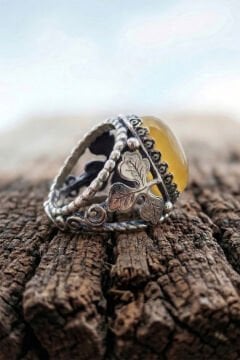 Sarı Akik Taşlı Yonca Model El İşçiliği Erkek Gümüş Yüzük