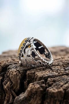 Sarı Akik Taşlı Yonca Model El İşçiliği Erkek Gümüş Yüzük