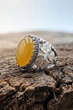 Sarı Akik Taşlı Yonca Model El İşçiliği Erkek Gümüş Yüzük