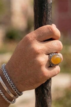 Sarı Akik Taşlı Yonca Model El İşçiliği Erkek Gümüş Yüzük