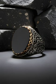 Oniks Taşlı Büyük Boy Sarmaşık Model Gümüş Yüzük