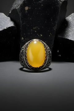 Sarı Akik Taşlı Büyük Boy Sarmaşık Model Yüzük