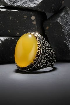 Sarı Akik Taşlı Büyük Boy Sarmaşık Model Yüzük