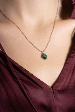 Malahit Taşlı Minimal Gümüş Kadın Kolye Rose Rengi