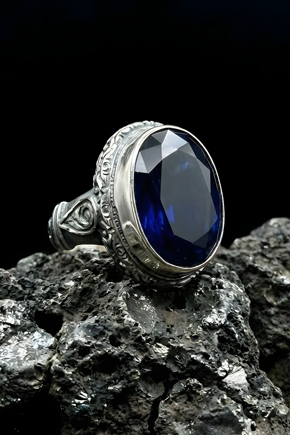 Usta İşi Erzurum Kalem İşçiliği Safir Zirkon Taşlı Erkek Yüzük