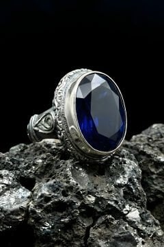 Usta İşi Erzurum Kalem İşçiliği Safir Zirkon Taşlı Erkek Yüzük