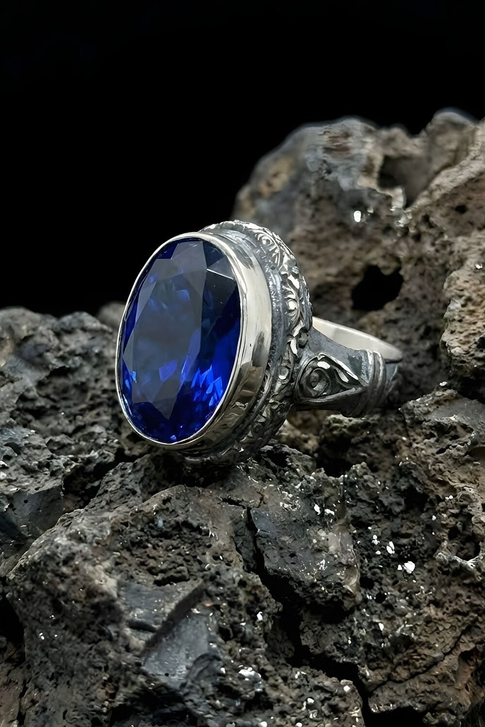 Usta İşi Erzurum Kalem İşçiliği Safir Zirkon Taşlı Erkek Yüzük