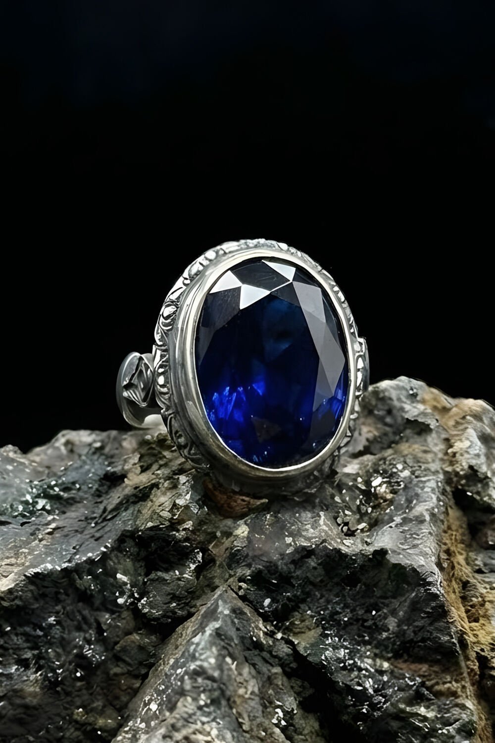 Usta İşi Erzurum Kalem İşçiliği Safir Zirkon Taşlı Erkek Yüzük