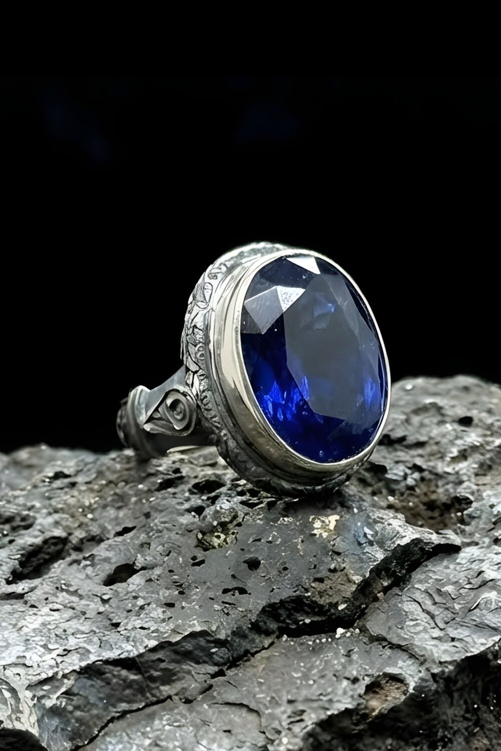 Usta İşi Erzurum Kalem İşçiliği Safir Zirkon Taşlı Erkek Yüzük