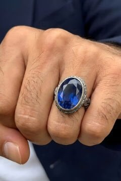 Usta İşi Erzurum Kalem İşçiliği Safir Zirkon Taşlı Erkek Yüzük