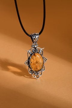 Orijinal Damla Kehribar El İşi Gümüş Kolye