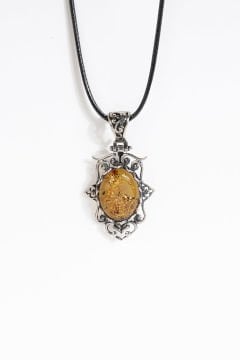 Orijinal Damla Kehribar El İşi Gümüş Kolye