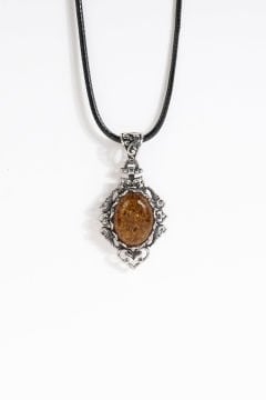 Orijinal Damla Kehribar El İşi Gümüş Kolye