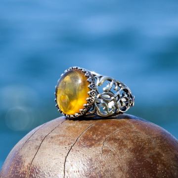 Damla Kehribar El İşi Gümüş Yüzük