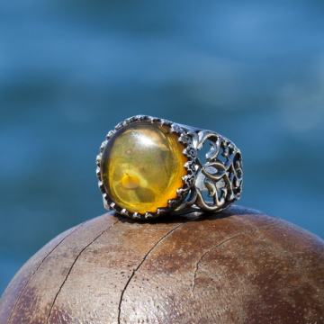 Damla Kehribar El İşi Gümüş Yüzük