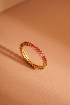 Yakut Renk Zirkon Taşlı Tek Sıra Tamtur Yüzük 8 - Altın Rengi