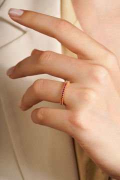 Yakut Renk Zirkon Taşlı Tek Sıra Tamtur Yüzük 8 - Altın Rengi