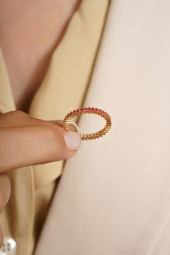 Yakut Renk Zirkon Taşlı Tek Sıra Tamtur Yüzük 8 - Altın Rengi