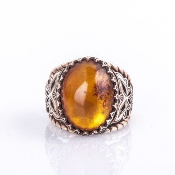 Damla Kehribar El İşi Gümüş Yüzük