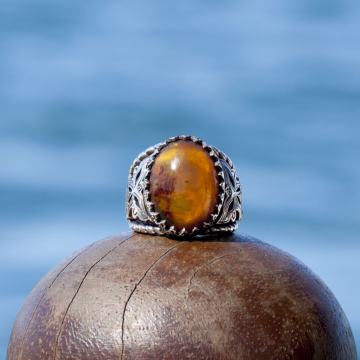 Damla Kehribar El İşi Gümüş Yüzük