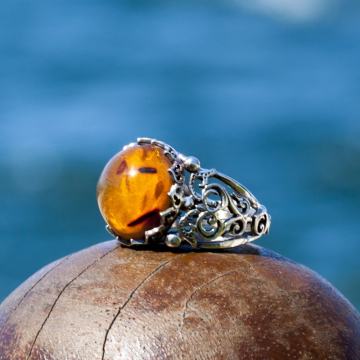 Damla Kehribar El İşi Gümüş Yüzük