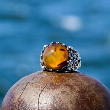 Damla Kehribar El İşi Gümüş Yüzük