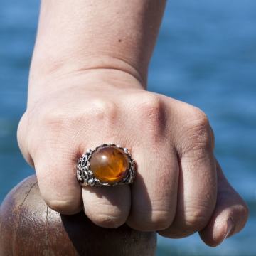 Damla Kehribar El İşi Gümüş Yüzük