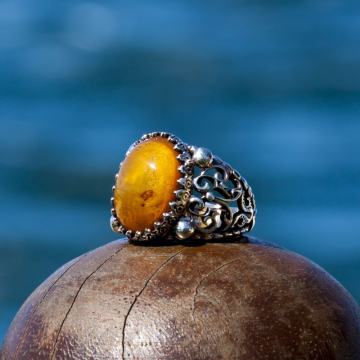 Damla Kehribar El İşi Gümüş Yüzük