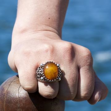 Damla Kehribar El İşi Gümüş Yüzük