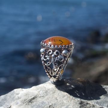 Damla Kehribar El İşi Gümüş Yüzük