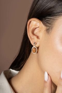 Damla Kehribar Taşlı Minimal Gümüş Küpe