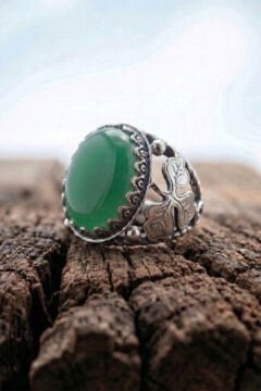 Yeşil Akik Taşlı Yonca Model El İşçiliği Erkek Gümüş Yüzük