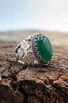 Yeşil Akik Taşlı Yonca Model El İşçiliği Erkek Gümüş Yüzük