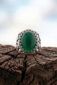 Yeşil Akik Taşlı Yonca Model El İşçiliği Erkek Gümüş Yüzük