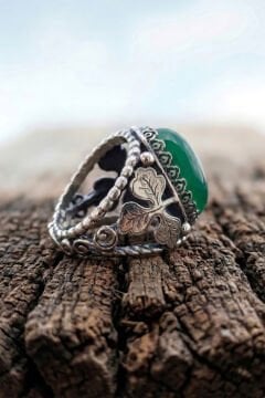 Yeşil Akik Taşlı Yonca Model El İşçiliği Erkek Gümüş Yüzük