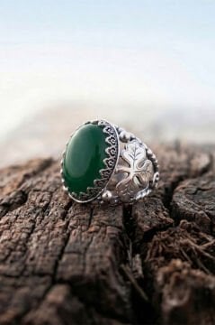 Yeşil Akik Taşlı Yonca Model El İşçiliği Erkek Gümüş Yüzük
