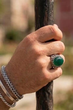 Yeşil Akik Taşlı Yonca Model El İşçiliği Erkek Gümüş Yüzük