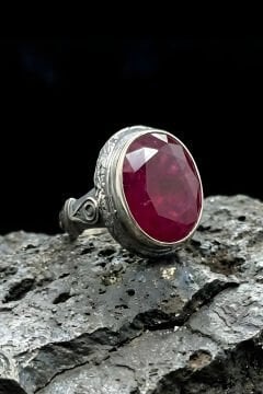 Usta İşi Erzurum Kalem İşçiliği Yakut Zirkon Taşlı Erkek Yüzük