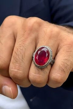 Usta İşi Erzurum Kalem İşçiliği Yakut Zirkon Taşlı Erkek Yüzük