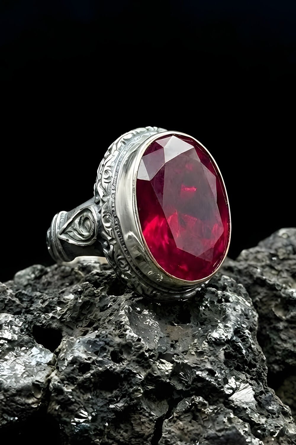 Usta İşi Erzurum Kalem İşçiliği Yakut Zirkon Taşlı Erkek Yüzük