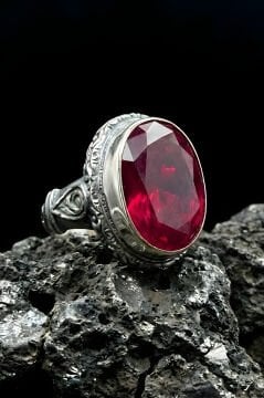 Usta İşi Erzurum Kalem İşçiliği Yakut Zirkon Taşlı Erkek Yüzük