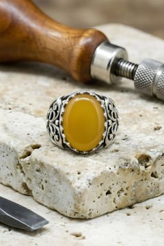 Hünkar  Model El İşi Sarı Akik Taşlı Gümüş Yüzük