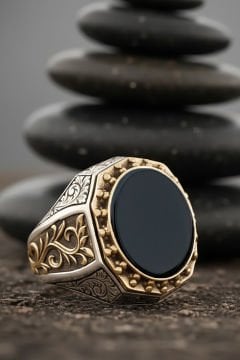 Oniks Taşlı Gravür Sarmaşık Model Gümüş Yüzük