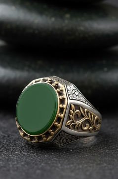 Yeşil Akik Taşlı Gravür Sarmaşık Gümüş Yüzük