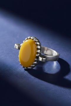 Sade Model Sarı Akik Taşlı El İşi Gümüş Yüzük