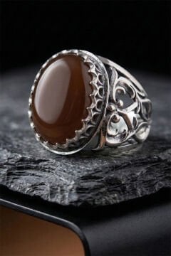 Akik Taşlı Özel Tasarım El İşçiliği Erkek Gümüş Yüzük