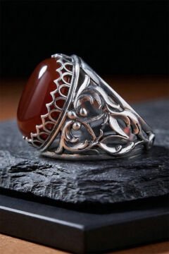 Akik Taşlı Özel Tasarım El İşçiliği Erkek Gümüş Yüzük