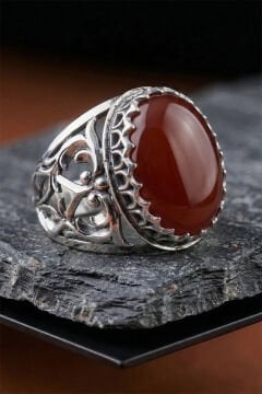 Akik Taşlı Özel Tasarım El İşçiliği Erkek Gümüş Yüzük